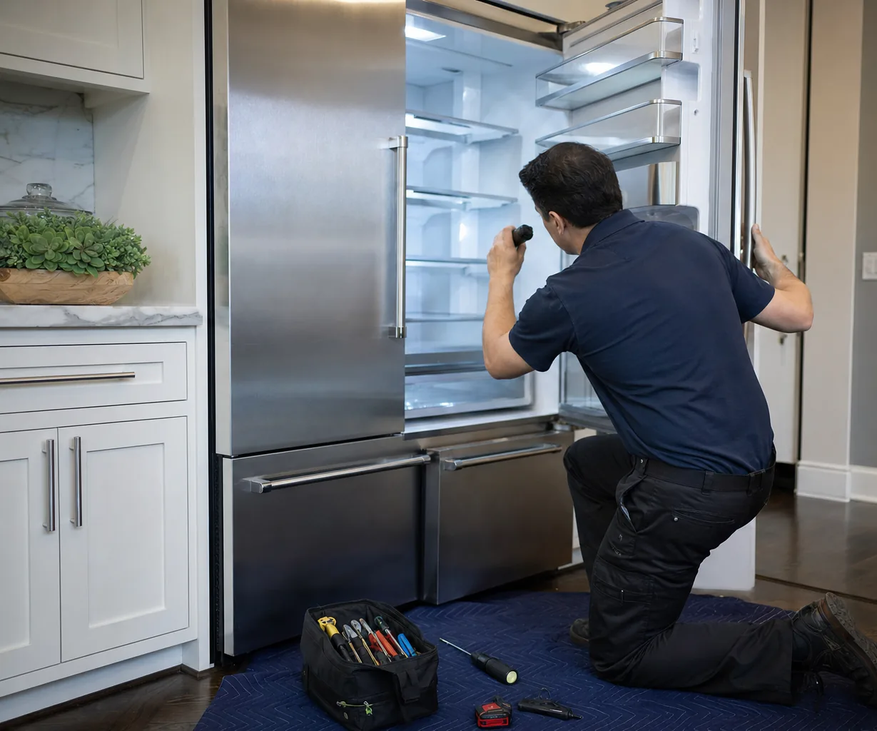 Technician repairing a built-in refrigerator in a Manhasset kitchen