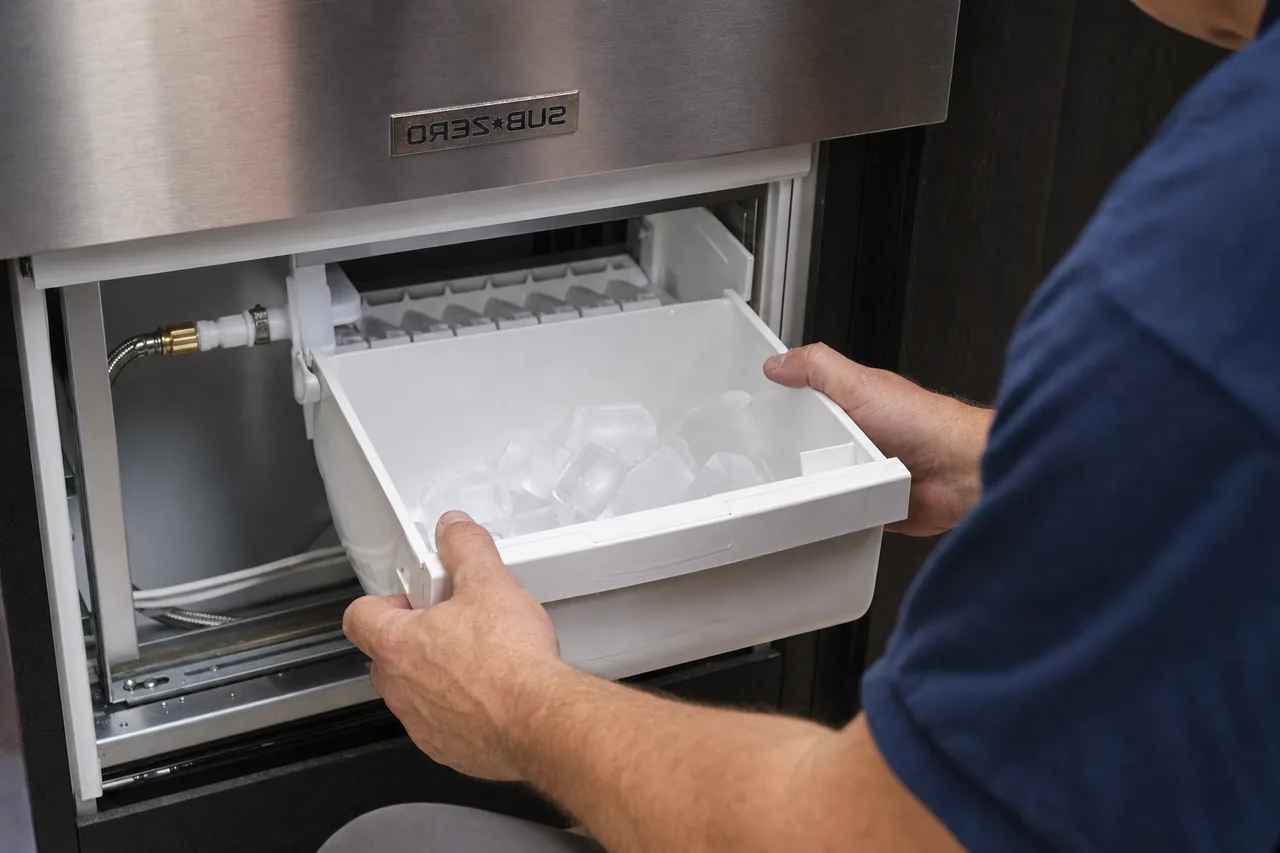 Technician servicing a built-in ice maker