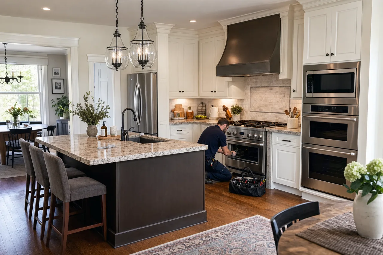 A luxury kitchen with built-in stainless appliances in a Manhasset kitchen